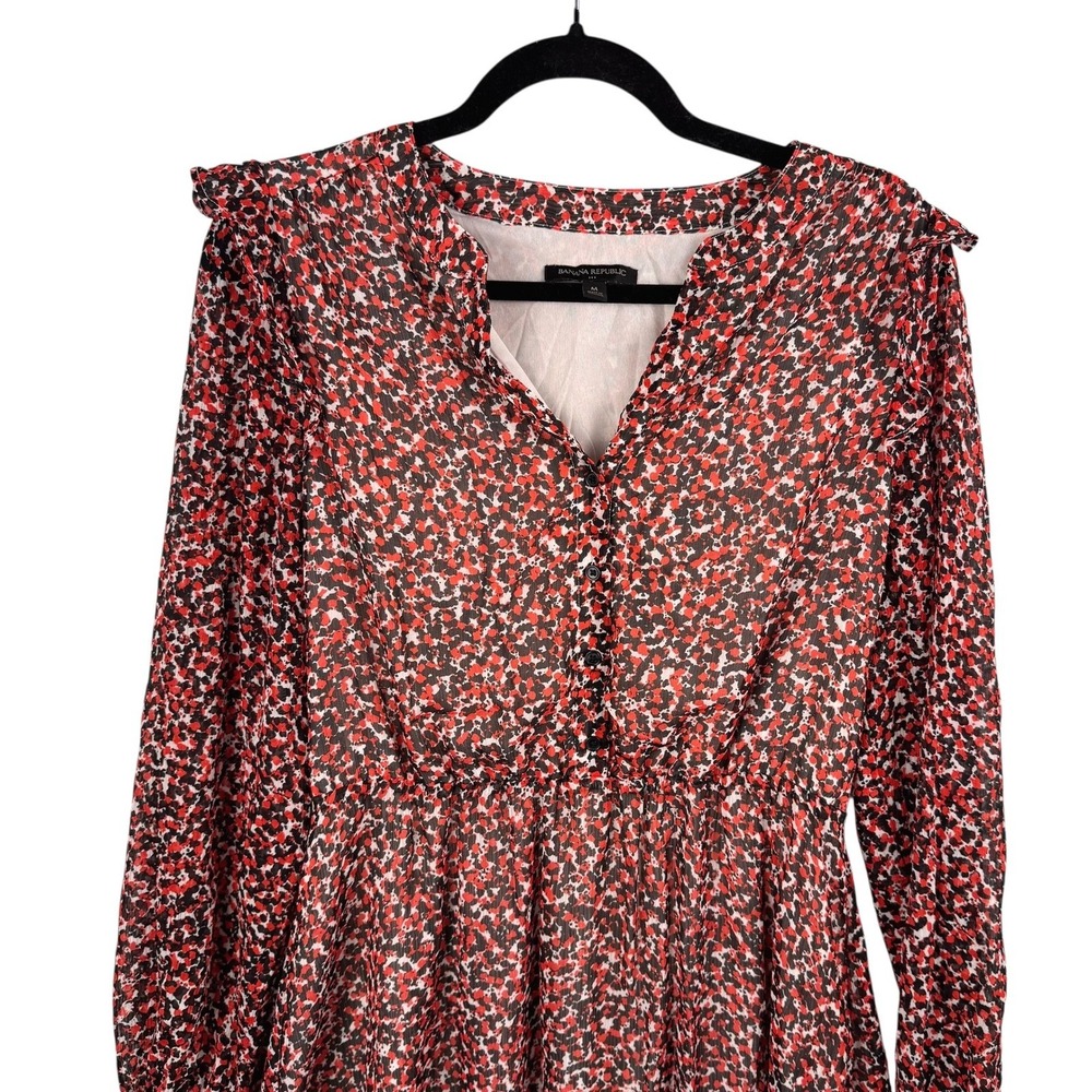 Banana Republic Dress M Red Black Print Long‎ Sleeve Ruffle Trim Lined Travel - Picture 4 of 10